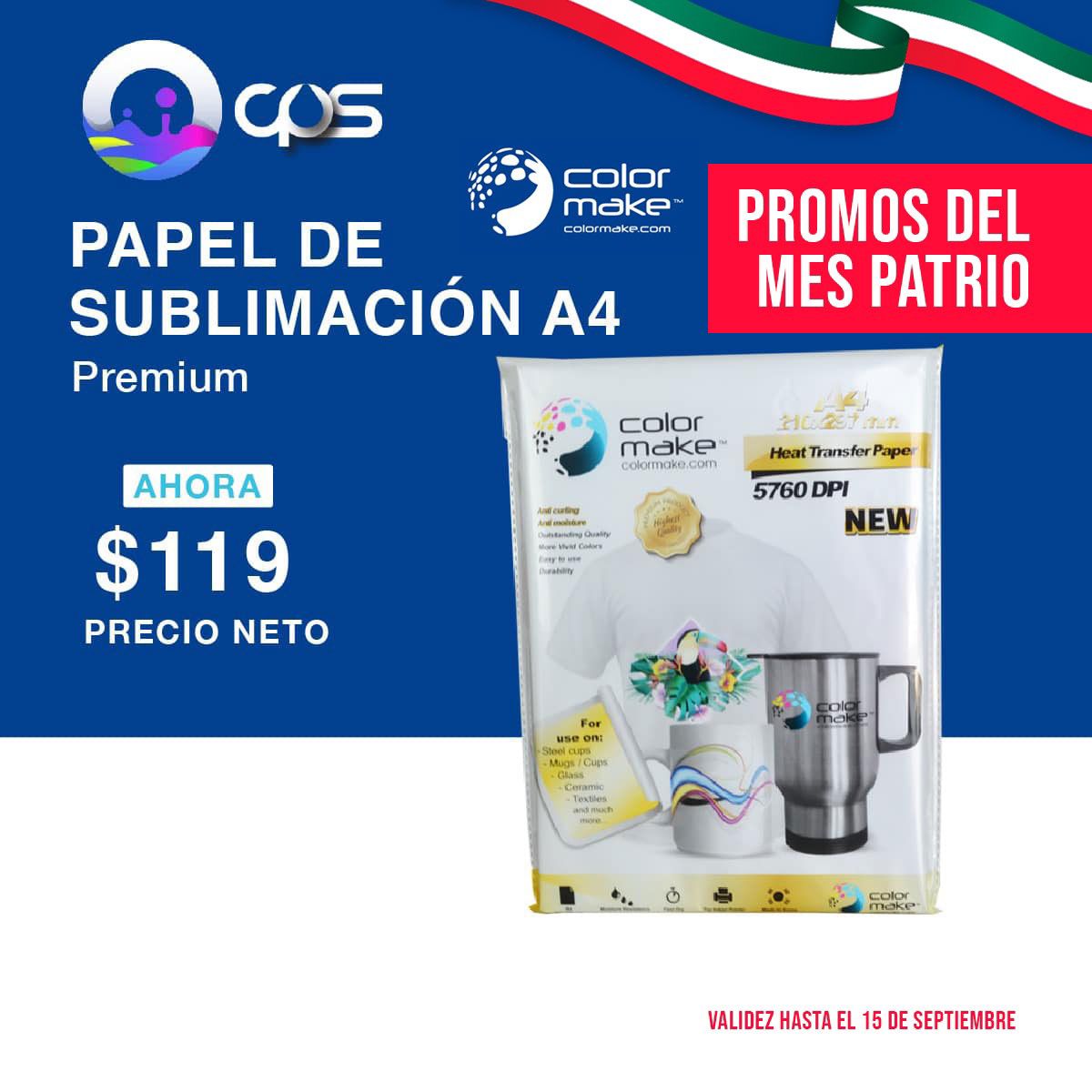 Papel para Sublimar A4 100g Secado Rápido Premium Paquete con 100 Hojas  Color Make Promoción - CPS México